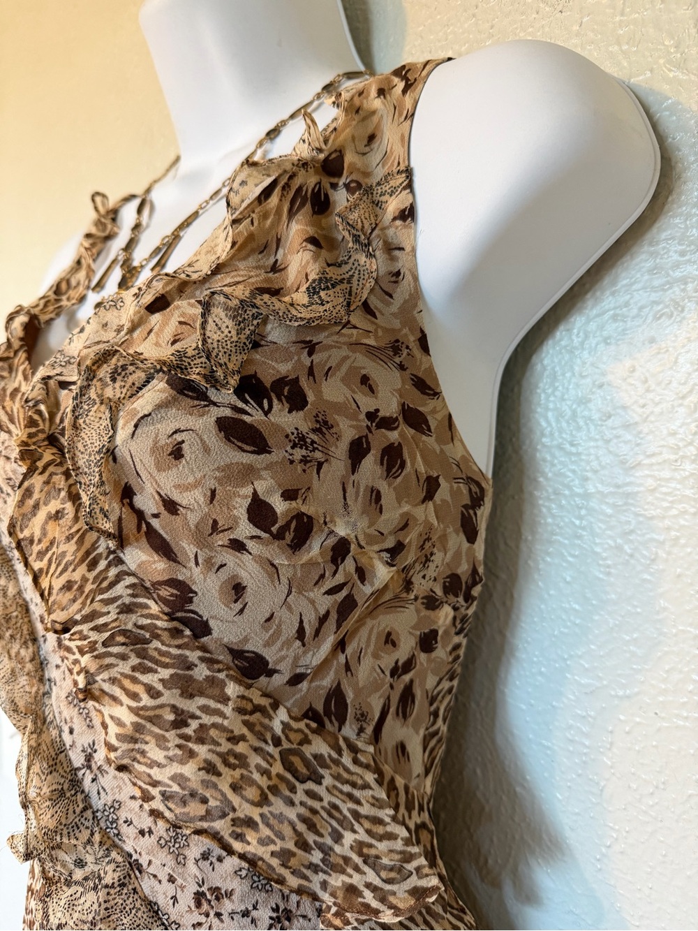 Y2K VTG 100% Silk Ruffle Tiered Floral & Leopard Print Asymmetrical Midi Dress 6 - Picture 7 of 11